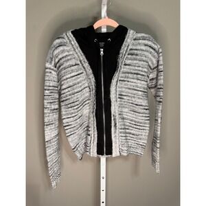 Central Park West Mixed Media Chunky Knit Zip Hoodie Sweater XS NWT Gray Black